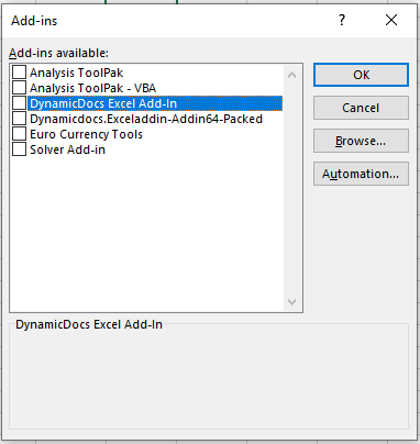 DynamicDocs Excel Add-in Tab